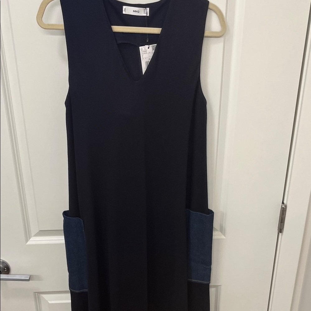 Mango Dark blue  Sleeveless V-Neck Maxi Dress with Denim Pocket Panels